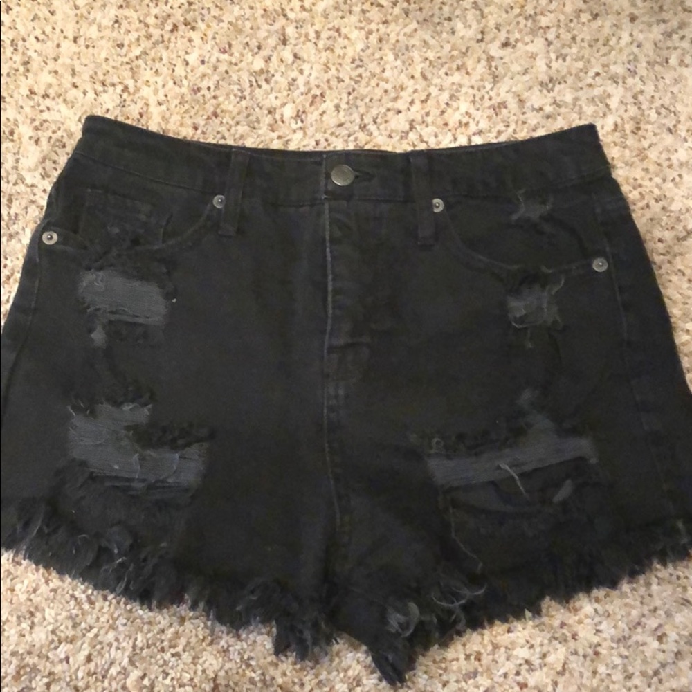 High rise black denim shorts